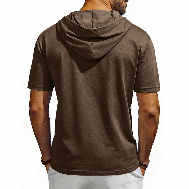 Men's Hooded Henley T Shirt, Summer Short Sleeve Regular Fit Breathable Sports Pullover Top