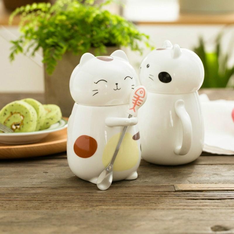 400ml Cats Cup Set with Spoon and Lid Animal Drinkware Cute Cats Coffee Cup with Spoon and Lid Delicate Ceramic Mug Cup
