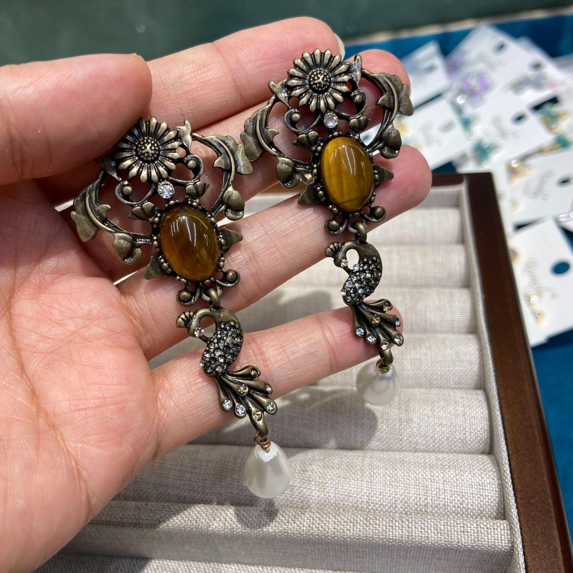 Wran Medieval Vintage Brooch Vintage Old Natural Tiger S Eye Earrings French Premium Earrings