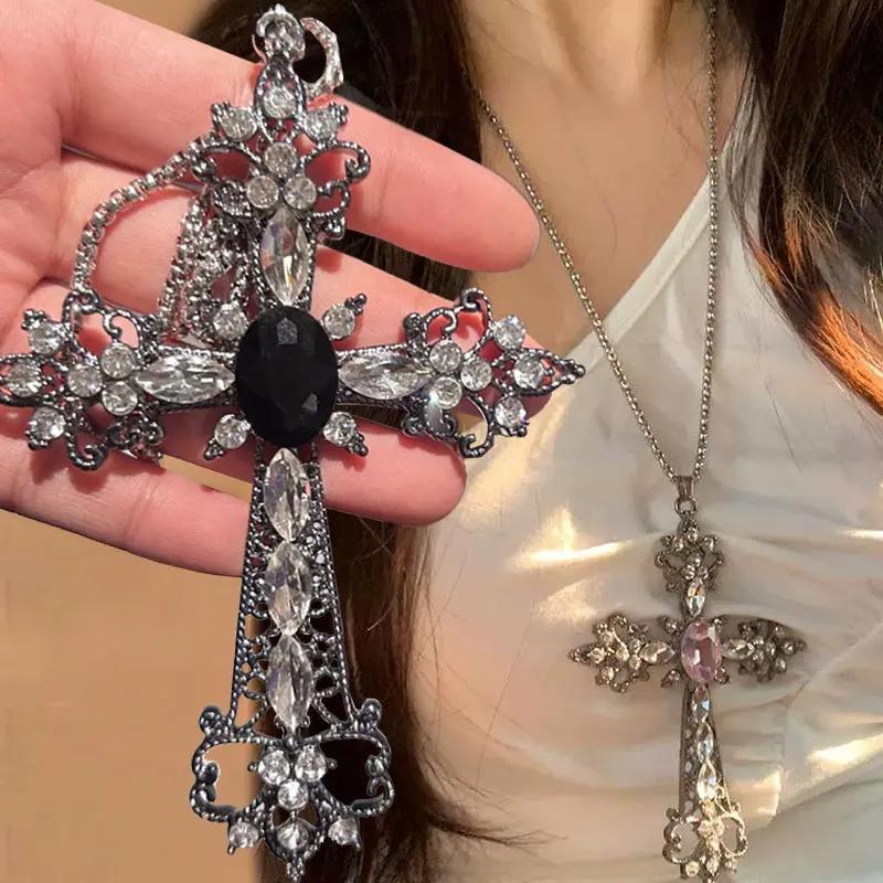 Gothic Big Zircon Cross Necklace Unisex Irregular Goth Large Cross Pendant Necklaces for Men Women Couple Necklace Jewelry