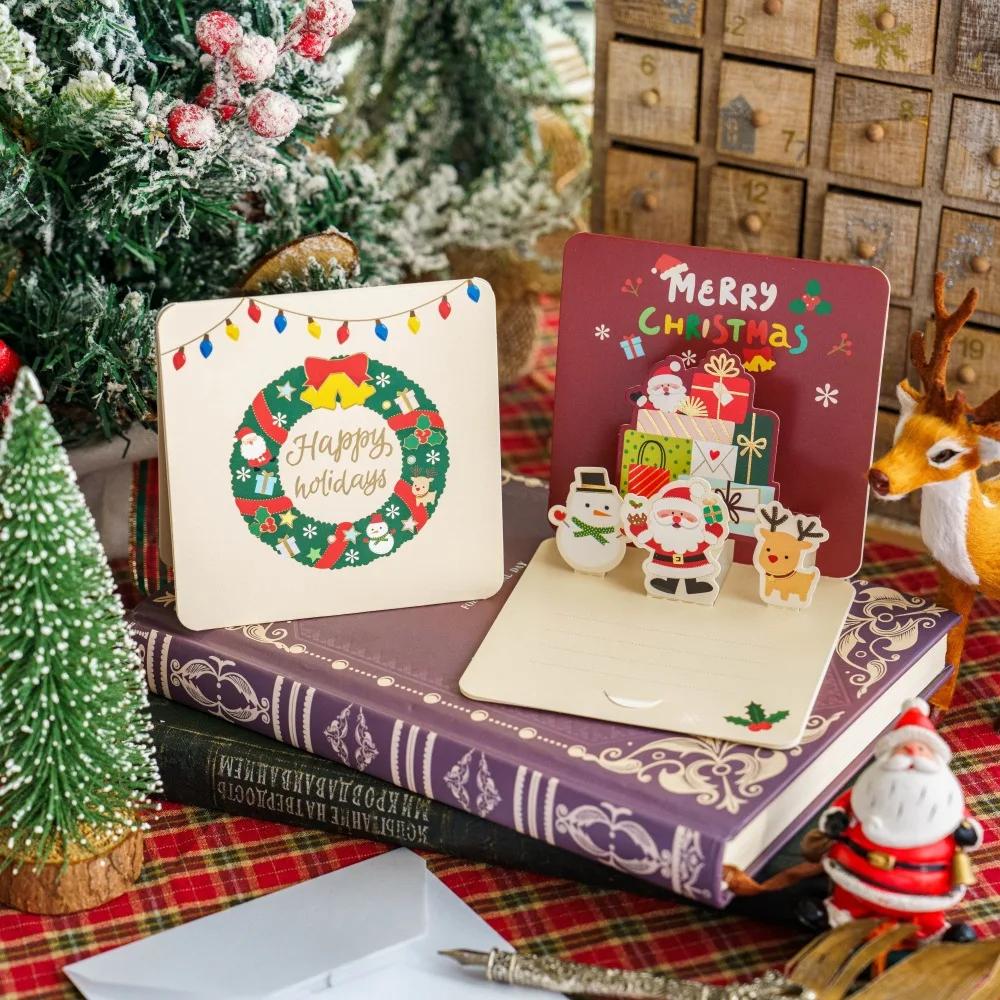 Merry Christmas Fold Small Greeting Cards with Envelopes Xmas Postcard Navidad New Year 2025 DIY Gift Card Decoration Noel