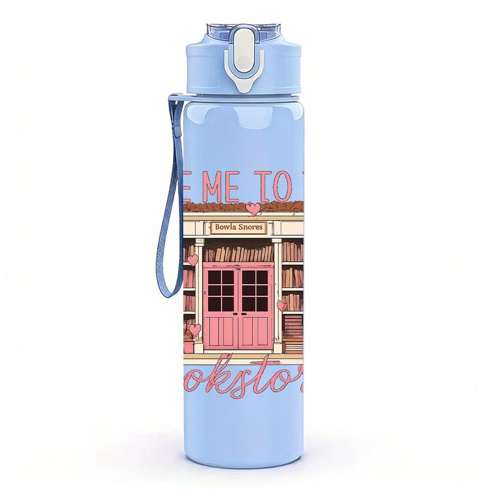 1PC Bookstore Vintage Letter Print 750ml Color Plastic Sports Water Bottle Leakproof Flip Straw Lid Suitable for Sports Office Home Use