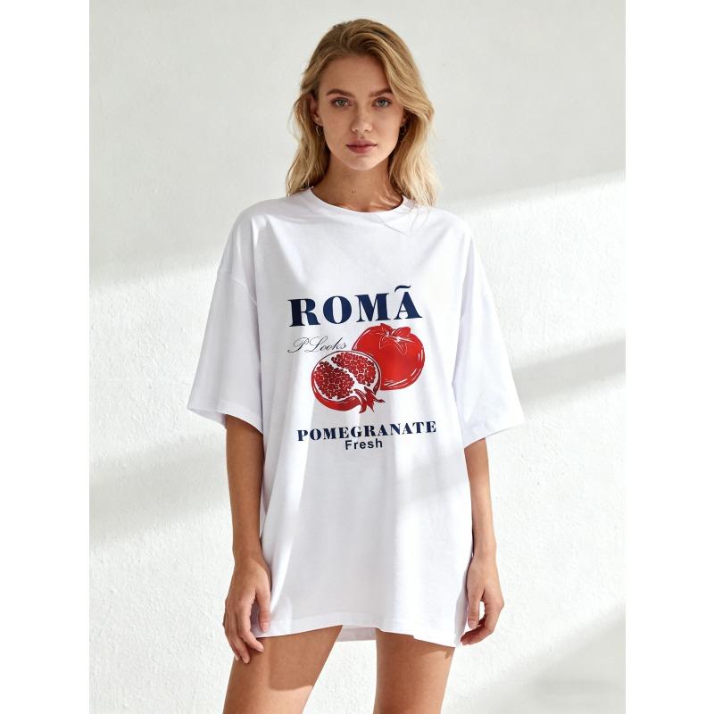 Oversized T Shirt Black Roma Pomegranate Fresh Fruit Graphic Print Casual Summer Wear