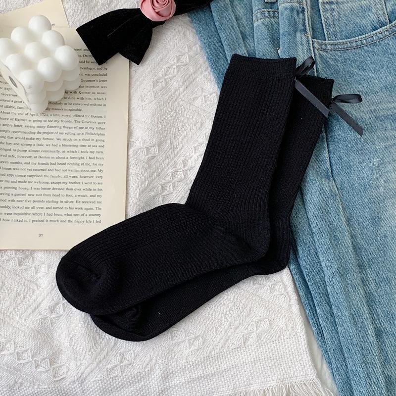 Female Spring and Summer Pure Color Bow All Build In The Tube Pile Pile Cotton Socks