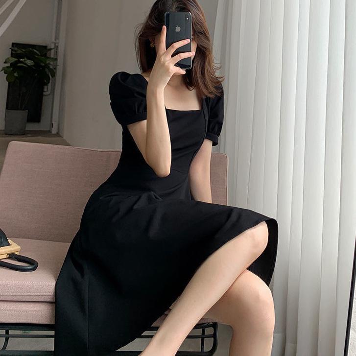 Hepburn style little black dress women's summer new French retro square collar medium and long black bubble sleeve dress