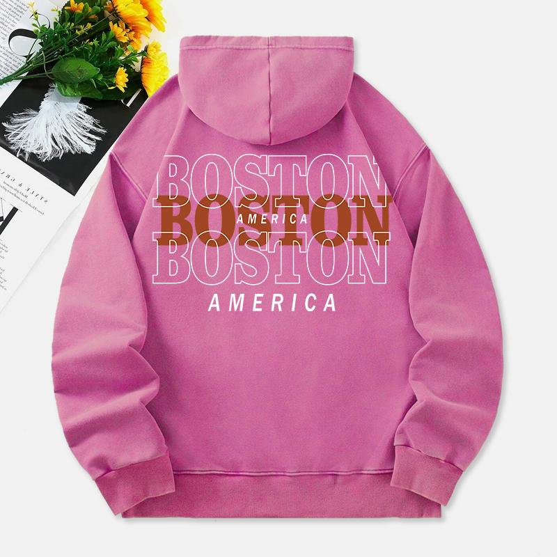 Boston America Washed Hoodies Women Letter Prints Cotton Sweatshirts Long Sleeves Pocket Oversized Hooded Clothes