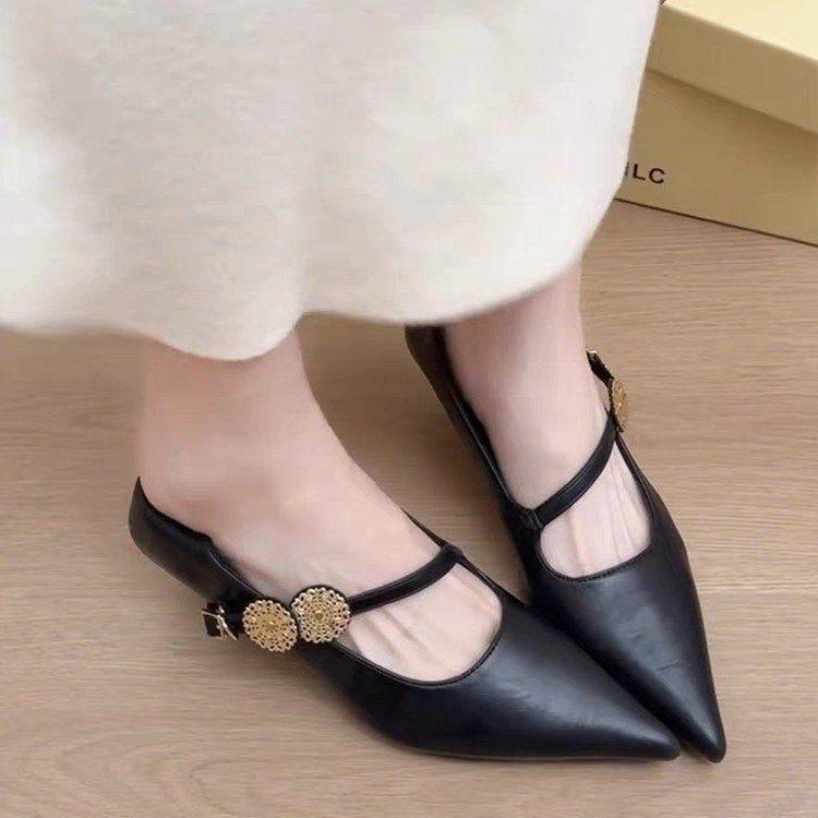 Versatile Commuter Evening Wind Small Leather Shoes 2025 Spring and Autumn New Pointed Temperament Metal Buckle Word with High Heels Shallow Mouth