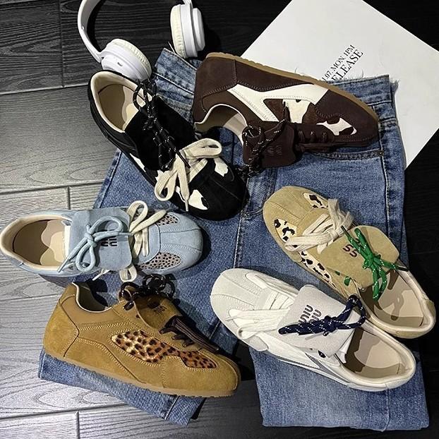 Cowhide Version~ Genuine Leather Horse Hair Miu Fengde Training Shoes Women's Thick-soled Round Head Lace-up Casual Sports Shoes Forrest Gump Board Sh