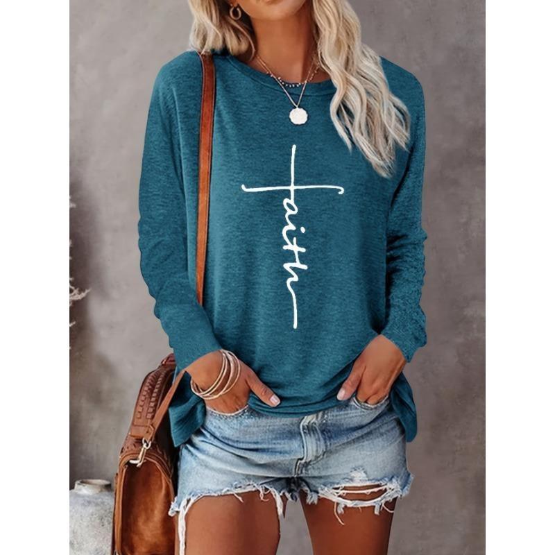Gradient Faith Letter Print Women's T-shirt Long Sleeve Top Female Graphic Blouse Women's Clothing Shirts Autumn Outdoor Casual