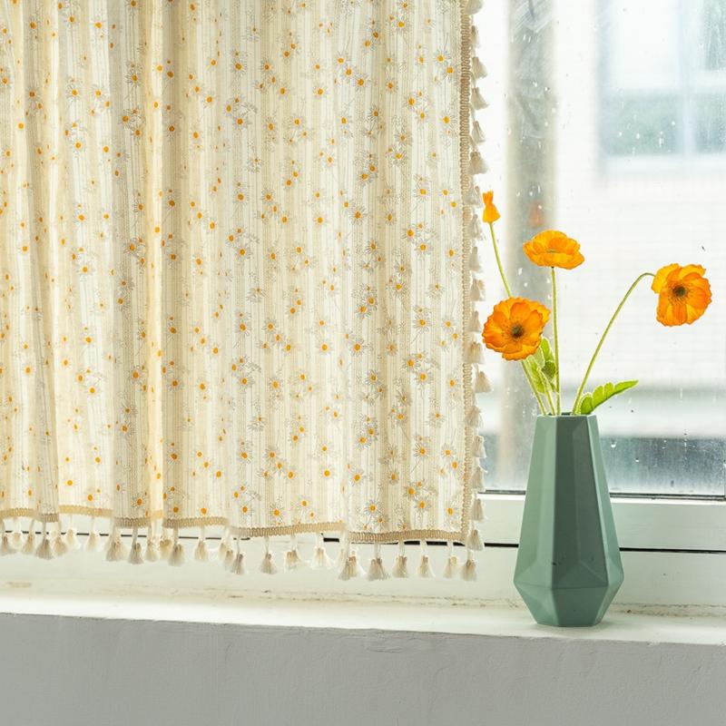 

Curtain Finished Pure Cotton Small Daisy Fringe Valance Kitchen Rod Pocket Japanese Short Curtain Bay Window Coffee Half Curtain W65 x H30cm&Rod Pocket