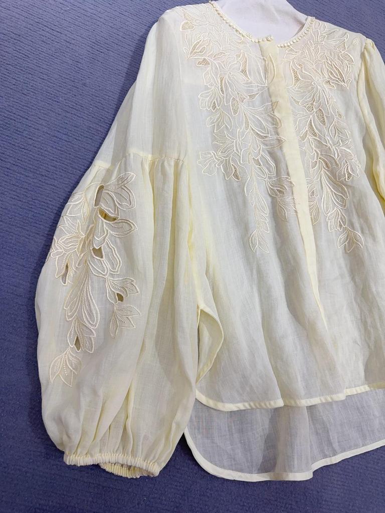 Spring 2026 French Embroidery Linen Shirt with Lantern Sleeves - Casual Vacation Style