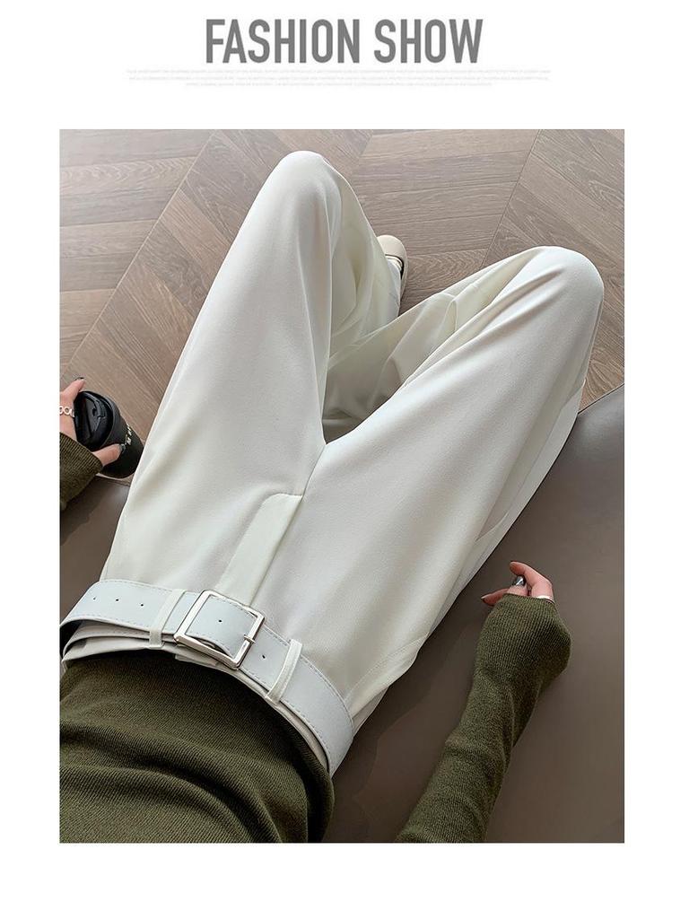 Women's Retro Minimalist Wide-Leg Khaki Suit Pants with Old Money Style Leather Belt