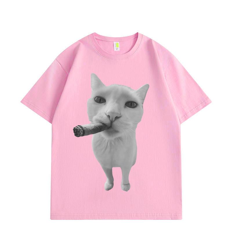 Cat Smoking Cigar Funny Meme Graphic T Shirts Men Women Fashion Vintage Short Sleeve T-shirts Summer Loose Cotton T-shirt