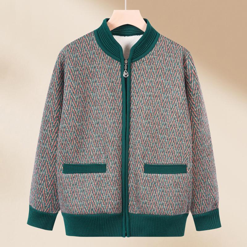 Mom Spring Knitted Sweater Women's New Middle-aged and Old Velvet Cardigan Top Spring and Autumn Grandma Sweater Jacket