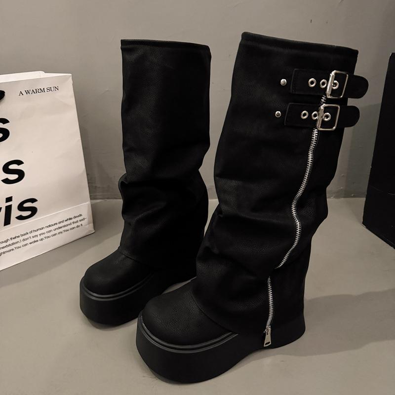 

Boots Women s thick soles increase in height 2025 autumn and winter new muffin pleated stacked pants tube boots Small tall boots 35 чёрный