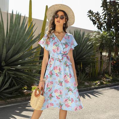 Frauen Sommer V-ausschnitt Kurzarm Hohe Taille Gürtel Casual Gedruckt A-linie Floral Chic Kleid S-XXL