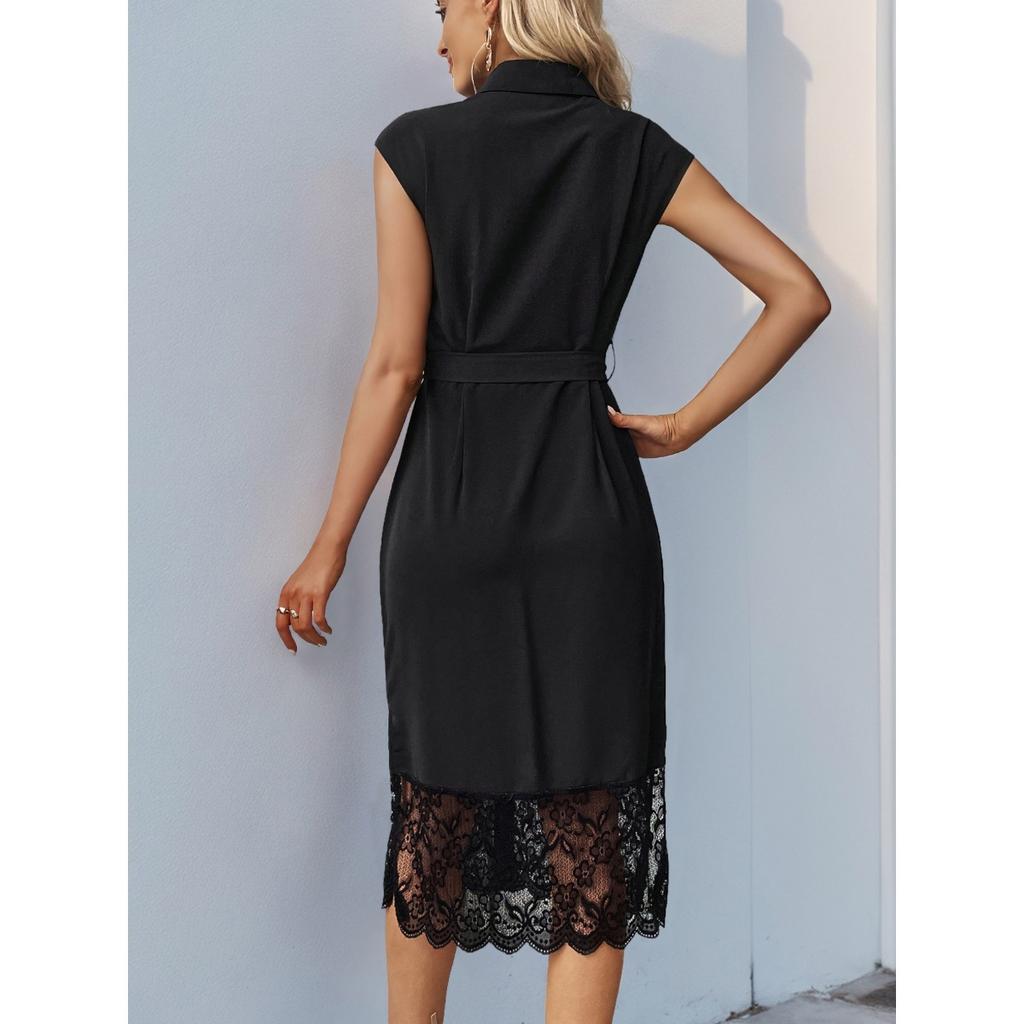 Summer Solid Color Elegant Lace Lapel Minimalist Style European American Dress Crossborder Hot Sale