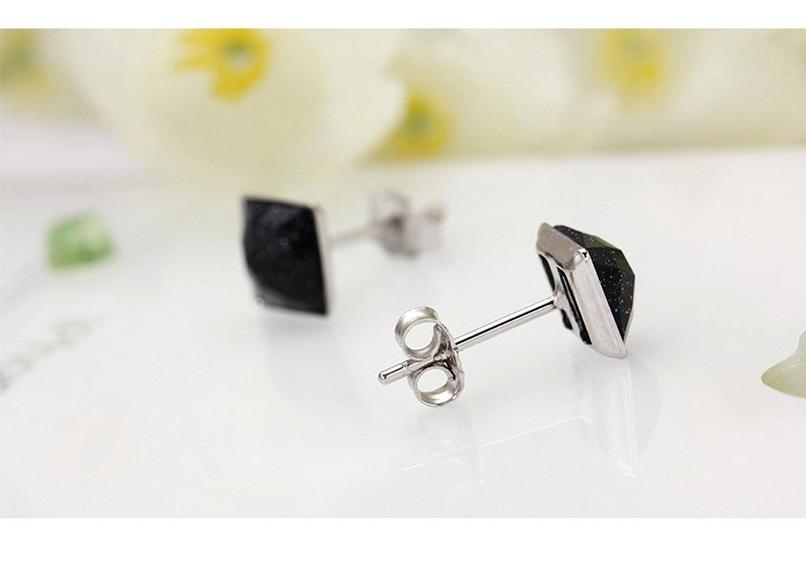 925 Sterling Silver Black Gold Sand Crystal Earrings, Korean Style Fashion Men's Studs