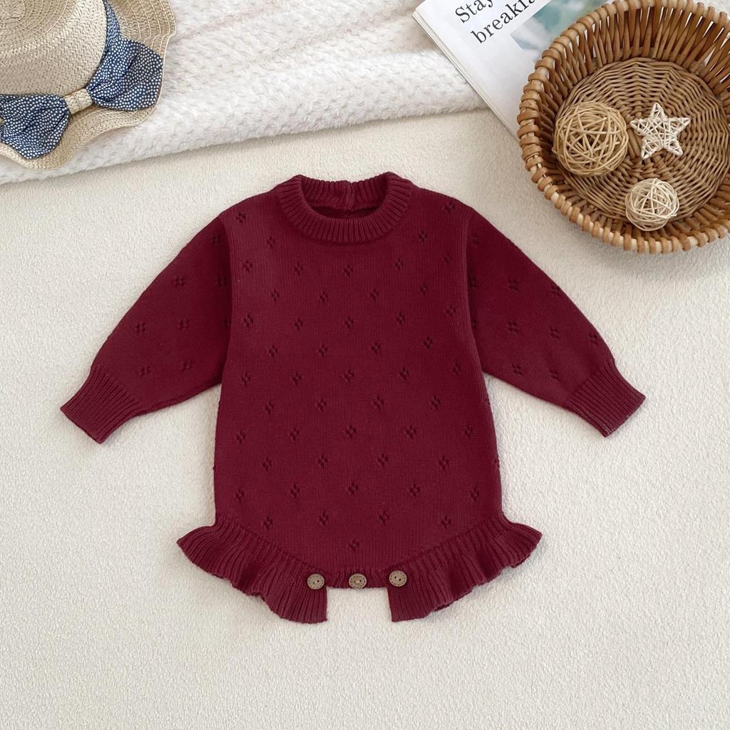 Infant Girl's Pure Cotton Lace Hem Knit Bodysuit Sweater Onesie