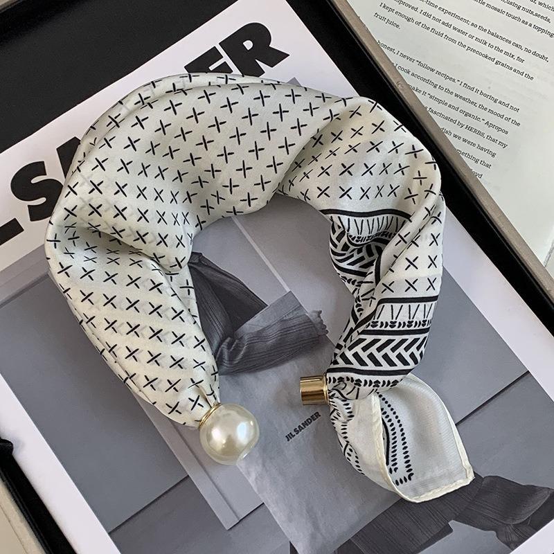 Silk scarf new pearl necklace spring and summer thin magnetic buckle lazy silk scarf women's pendant scarf collarbone chain