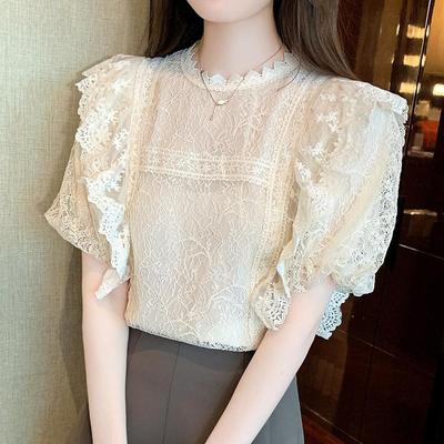 Elegant Vintage Puff Sleeve Shirt Women Summer Tops Slim Fit Lace Spliced Casual Blouse for Women Fashion Simple Round Neck Female Blouses 24451