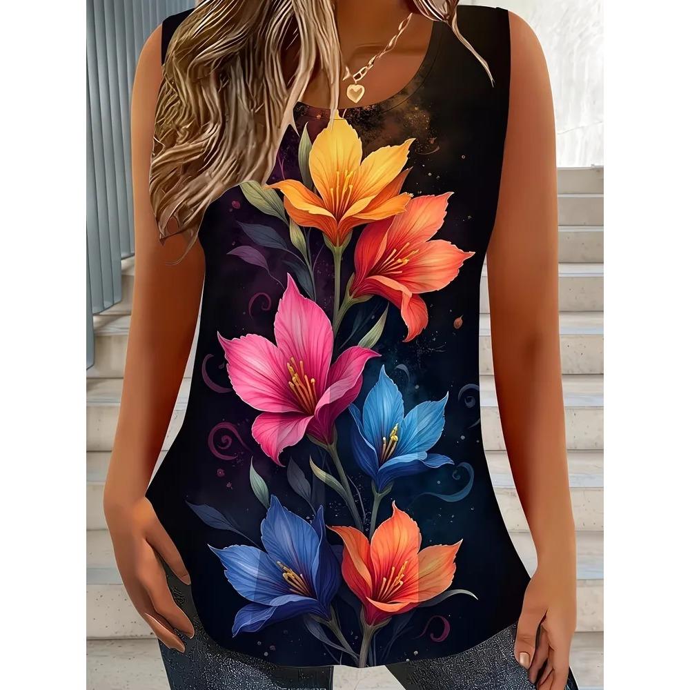 Gilet Estivo da Donna Taglia Larga Fiori Colorati Stampa 3D Largo alla Moda Comodo Morbido Traspirante Scollo a O Senza Maniche