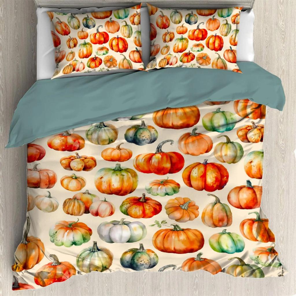 Thanksgiving Fall Pumpkin Maple Leaves Duvet Cover with 2 Pillow Shams 3pcs Comforter Cover Bedding Set All-Season Room Decor