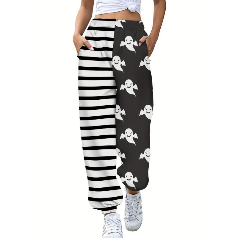 Color Block Ghost & Stripe Print Joggers, Halloween Slant Pockets Byxor för vår och höst, damkläder