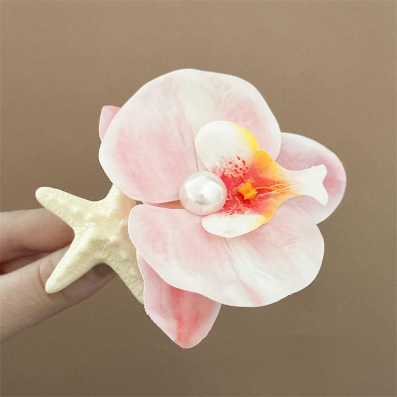 Sweet Orchid Flower Hairpin for Women Pearl Resin Starfish Hair Clip Seaside Headwear Bohemian Side Clip Y2K Hair Accessories
