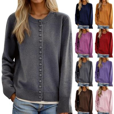 Women's Lightweight Cardigans Button Down Crewneck Loose Solid Knitted Sweater Coat Long Sleeve Casual Outerwear
