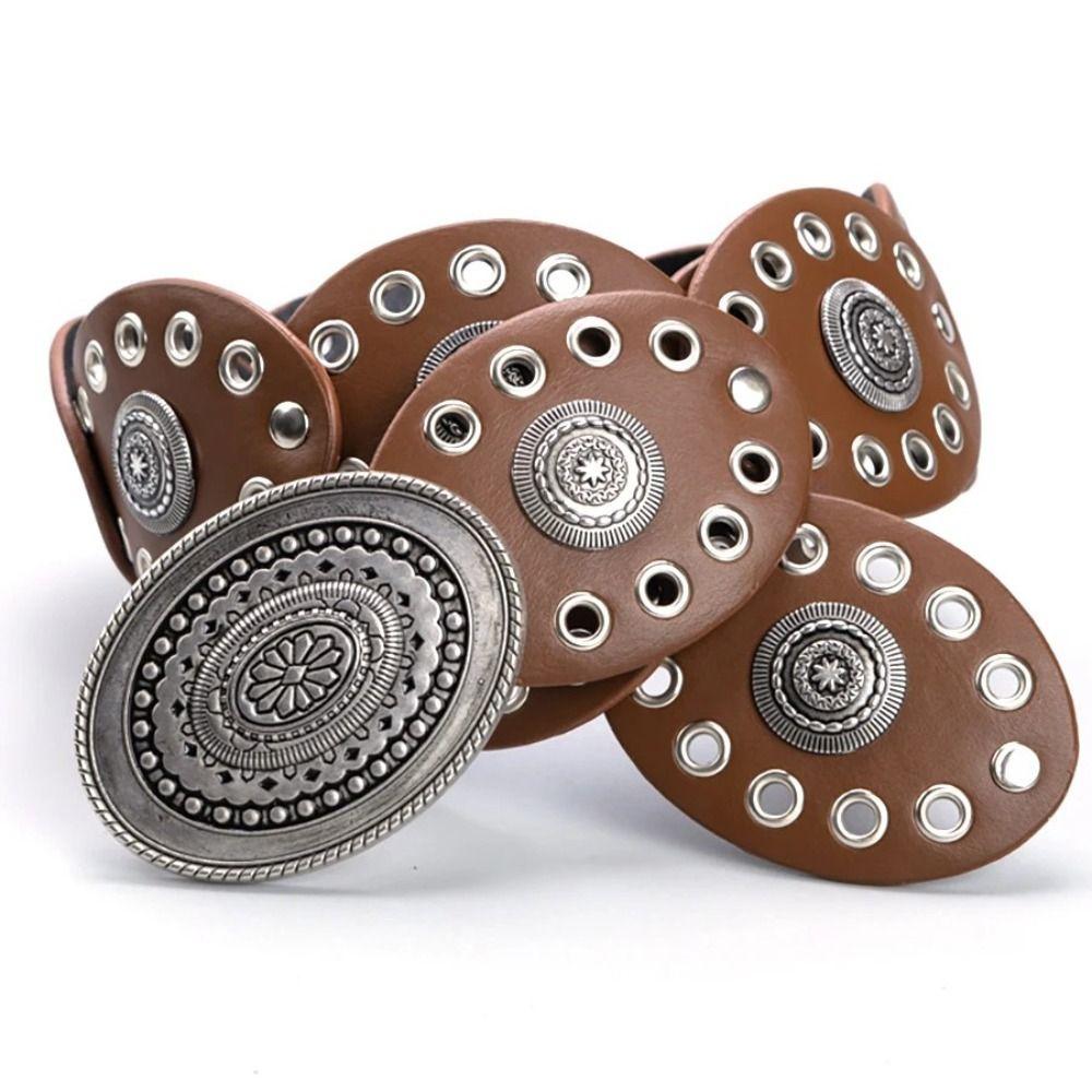 Vintage Cowboy Waistband Jeans Decor Oval PU Hollow Belt Cowgirl Buckle Belt  Dress Decoration