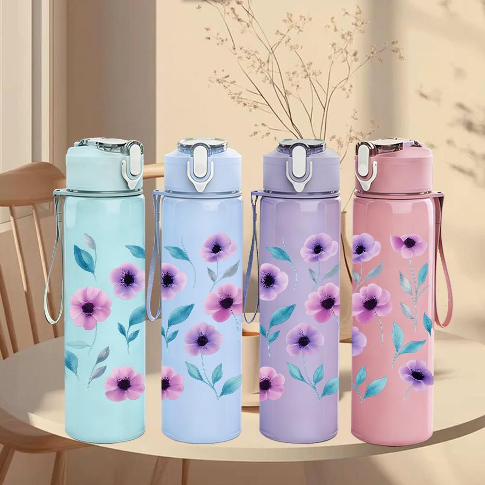 1PC Purple Wildflower Pattern 750ml Color Plastic Sports Water Bottle Leakproof Flip Straw Lid Suitable for Sports Office Home Use