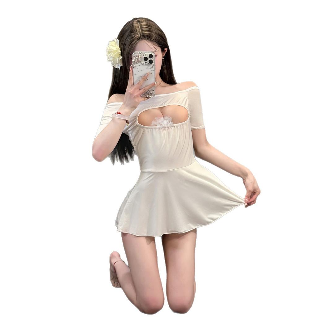 Sexy Underwear, Sexy Hollowed-out One-word Shoulder Ice Silk Nightdress, Pure Desire, Lotus Leaf Edge, Super Short Free Women