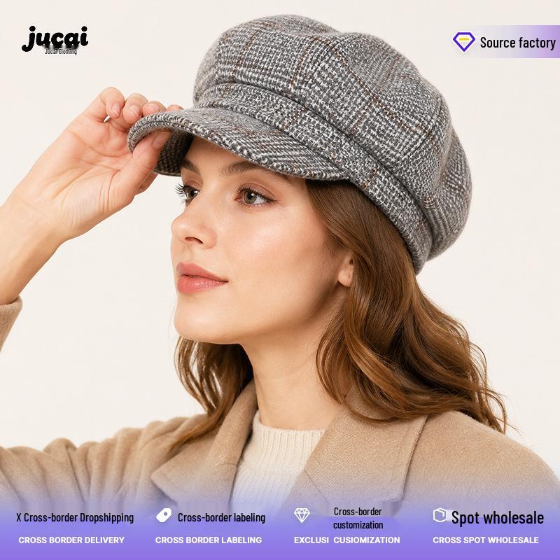 Women's Retro Plaid Wool Beret - Autumn/Winter Versatile Octagonal Hat
