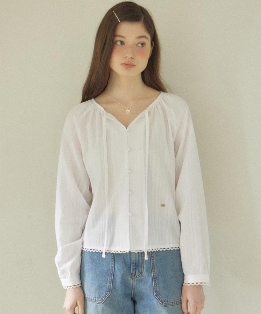 OURHOPE Ribbon Shirred Blouse - Ivory