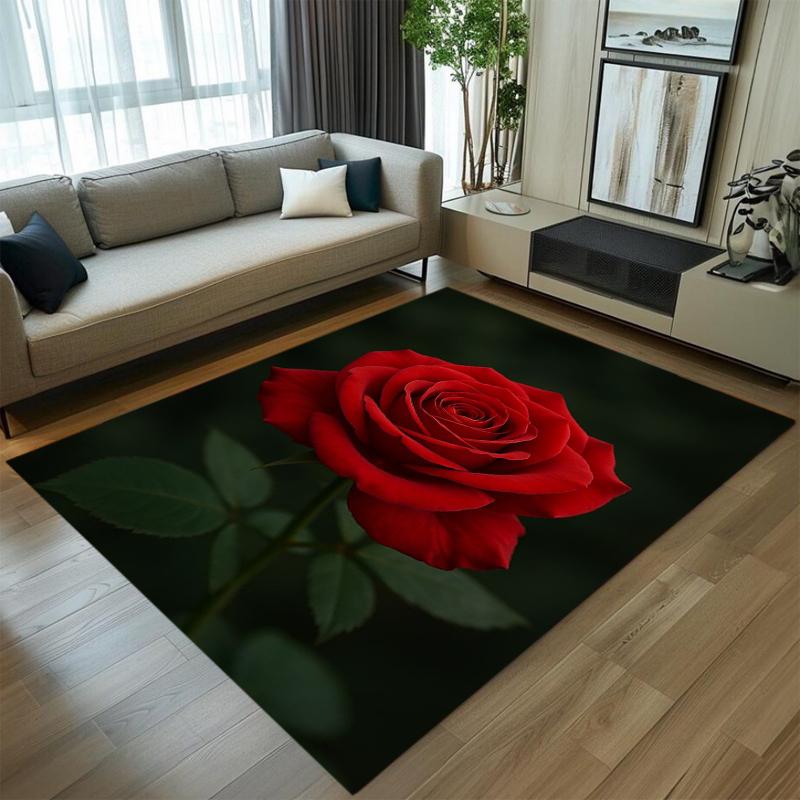 Realistischer Rosenblüten-Bereichsteppich Teppichmatte Heimdekoration Rote Rose Blühendes Muster Rutschfester Bodenteppich für Wohnzimmer Heimteppich