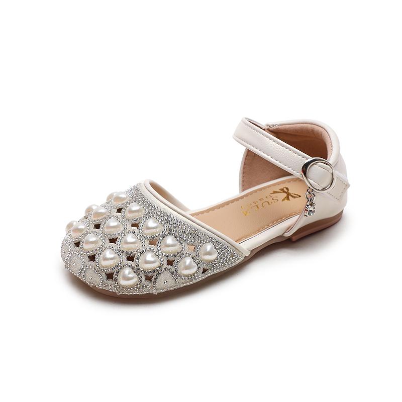 Girls Toes Capped Sandals Little Kids Pearls Princess Shoes Soft Sole Summer Fashion Children Rhinestone Half Sandals Flats