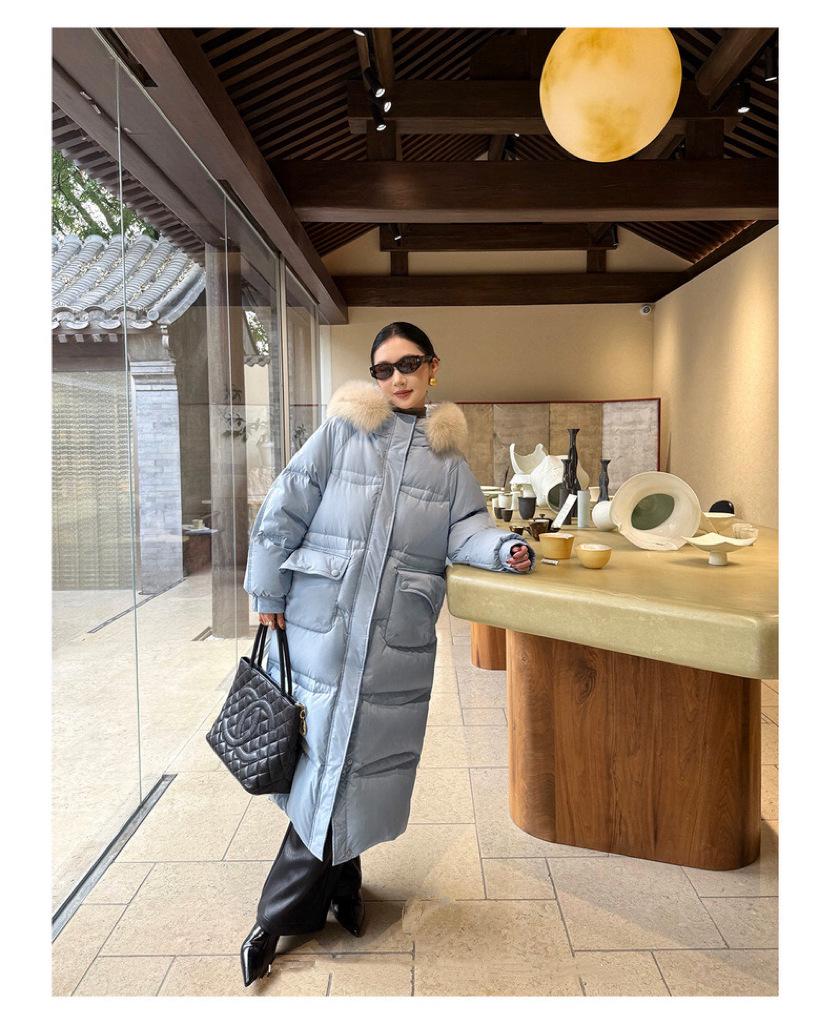 Longue Doudoune à Capuche pour Femme avec Fourrure de Renard Véritable, 90% Duvet de Canard Blanc, Longueur au-Dessus du Genou, Épaisse et Chaude