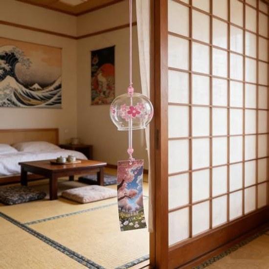 Pink Glass Wind Chime Traditional Japanese Cherry Blossom Design Portable Hanging Decoration Suitable Mothers Day Weddings Beautiful Harmonious Sound.