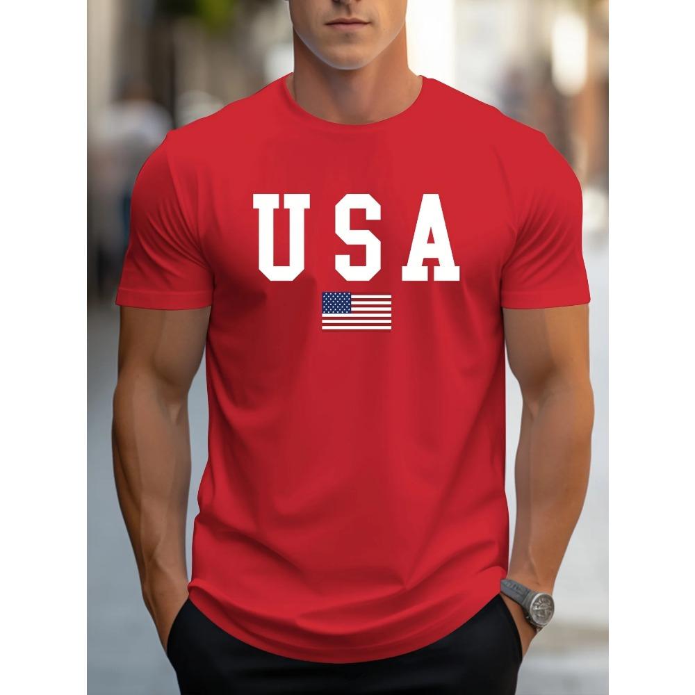 Men's 100% Pure Cotton Summer Loose Fit Large Usa Print Casual Slim Fit Round Neck Short Sleeved T-shirt Top