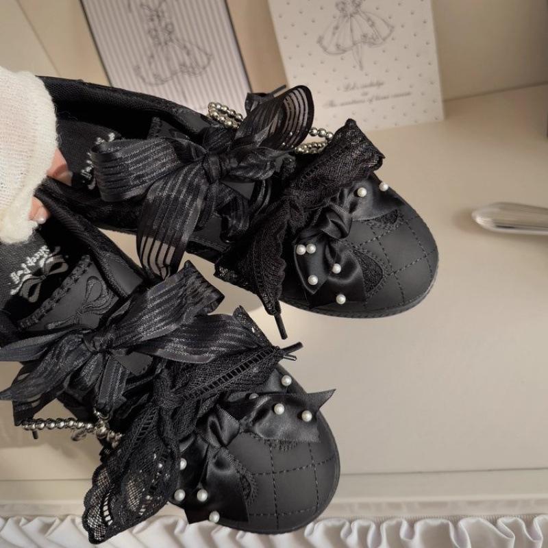 

Women s shoes are not tired, thick-soled lace retro style women s pearl bow heightening casual sports shoes board shoes 40 чёрный