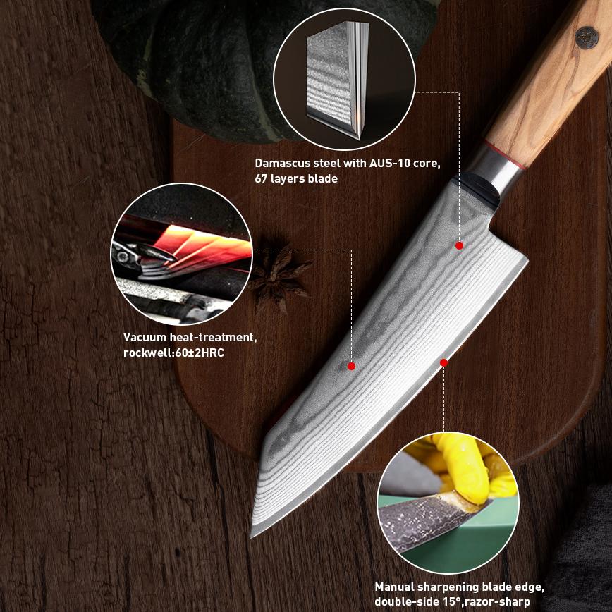 7 Inch Kiritsuke Knife Hexagonal Olive Handle 67 Layer Damascus Steel AUS-10 Blade Chef Cleaver Slicing Japanese Kitchen Knives