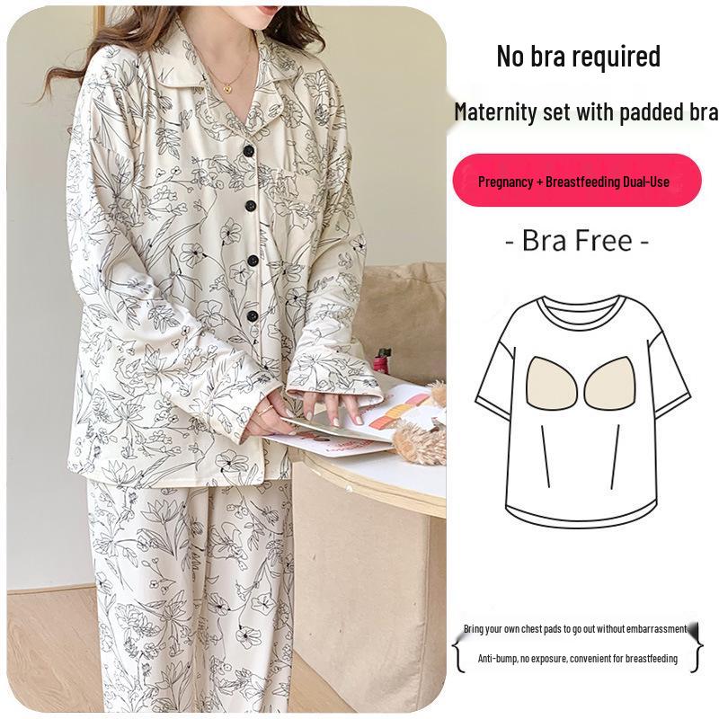 Plus Size Maternity & Postpartum Pajama Set with Breast Pads - Long Sleeve, Spring & Autumn Nursing Wear