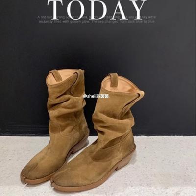 Second Hair! Su Yinyin Has the Same Round Head Split-toed Pig's Trotters Thick Heel Western Cowboy Pile Short Boots Female Martin Boots
