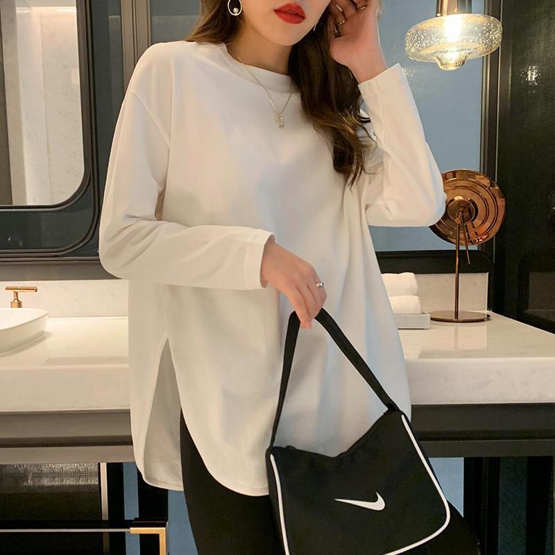 YYFS Damenmode, lässig, Frühling und Herbst, einfarbig, langärmelig, O-Ausschnitt, Blusen und Hemden