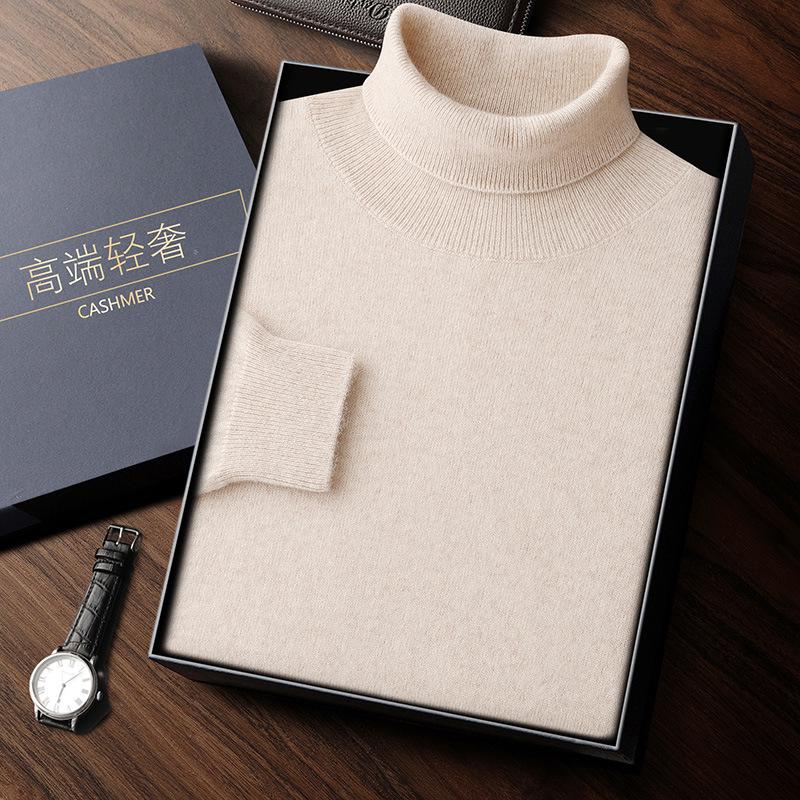 Men's High Neck Cashmere Sweater - Solid Color, Long Sleeve Knitwear for Casual and Business Wear
