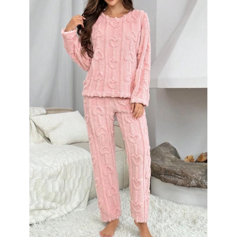 Womens Winter Coral Fleece Pajama Set With Heart Jacquard Warm Thick Lounge Wear