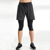 Men Sport 2 In 1 Quick Dry Training Cropped Pants Compression Running Pants Zipper Pocket Fake Two-piece Tight Leggings Pants