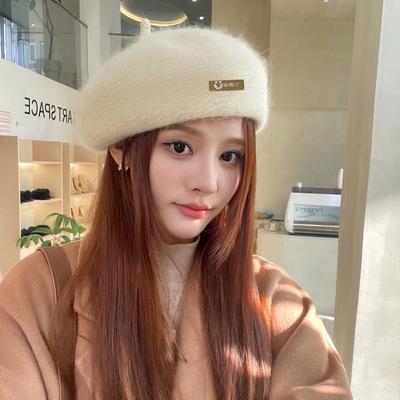 Big Head Circumference Hat Female Rabbit Fur Smiley Face Mark Beret Showing Face Small Solid Color Warm Painter Hat