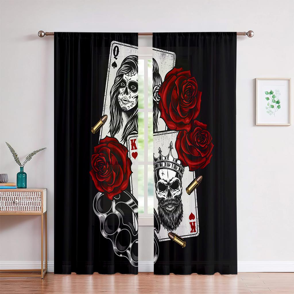 

Skull Style Floral Pattern Creative Pattern Print Window Curtains, Bedroom Space Living Space Study Polyester Fiber Ornamental Window Curtains W50xH140(CM)x2PCS&Grommet Top